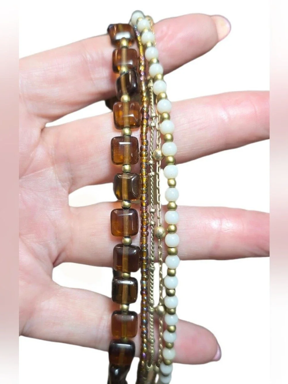 Premier Designs Multi-Strand Brown, White and Gold Beaded Long Necklace